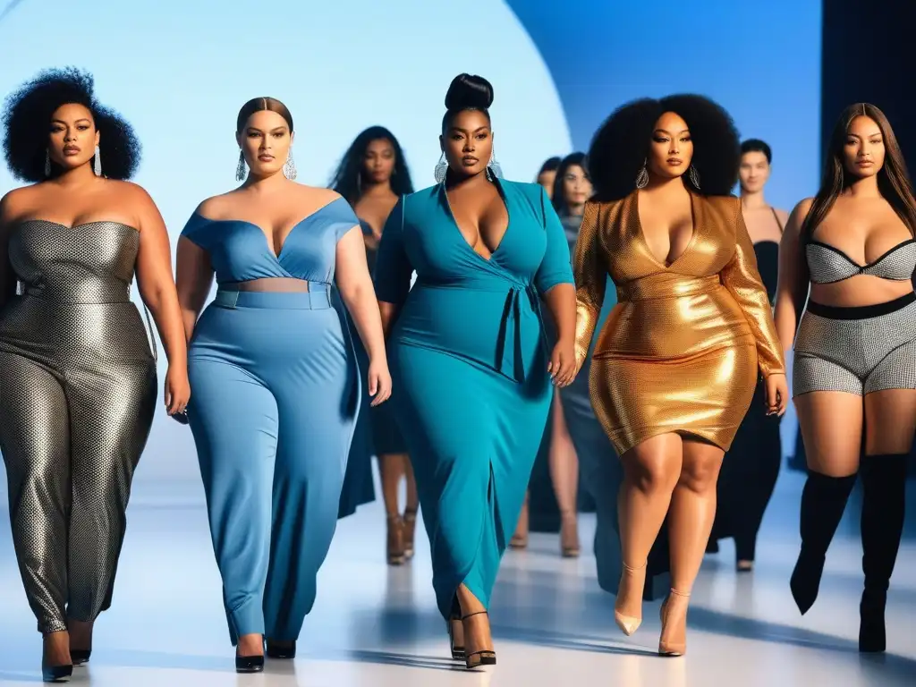 Desfile de moda plussize: diversidad y estilo en la pasarela Una pasarela de moda plus size inclusiva y diversa, con modelos seguras y estilosas desfilando con outfits vanguardistas