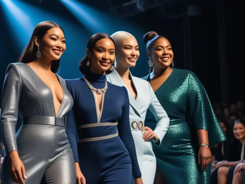 Desfile de moda inclusivo: diversidad y confianza en la pasarela Una pasarela inclusiva y diversa con modelos de diferentes etnias, cuerpos y habilidades, luciendo ropas elegantes