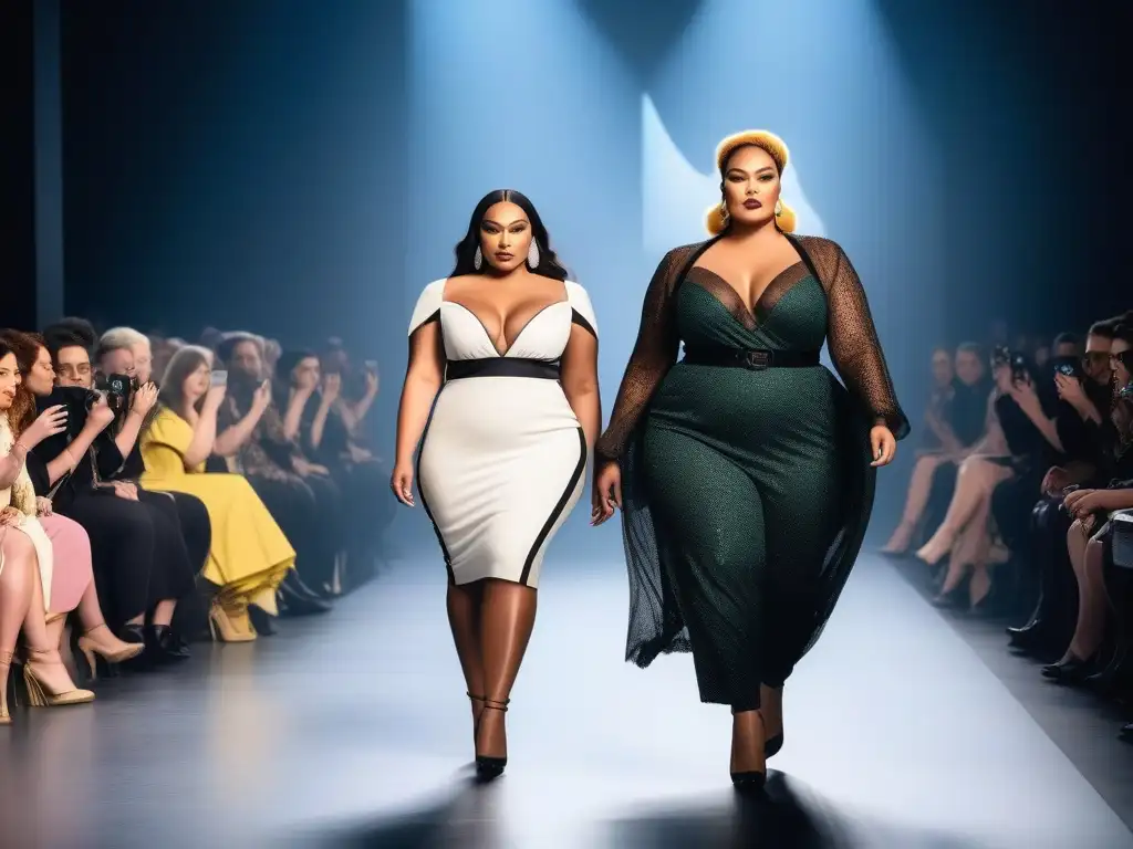 Desfile de moda inclusivo con modelos de talla grande empoderadas Una pasarela de moda plus size inclusiva y diversa, con modelos seguras y empoderadas luciendo diseños únicos y coloridos