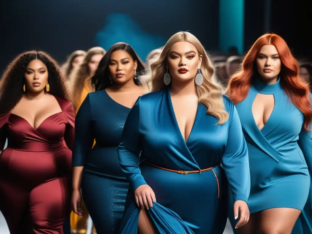 Desfile de moda plus size: diversidad, empoderamiento y estilo Una pasarela de moda plus size inclusiva y diversa con modelos seguras y empoderadas luciendo prendas únicas y estilosas