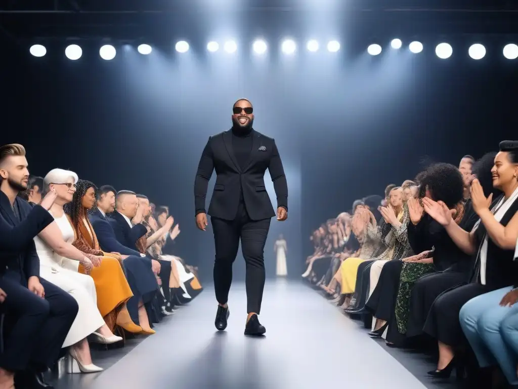 Desfile de moda inclusivo y diverso en un ambiente contemporáneo Una pasarela inclusiva con modelos de diversos cuerpos y colores de piel desfilando, mientras son aplaudidos por una audiencia diversa