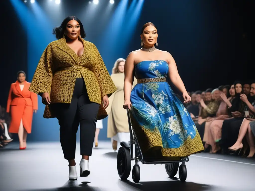 Desfile de moda inclusivo: diversidad y empoderamiento en la pasarela Una pasarela inclusiva: modelos diversos lucen prendas adaptativas mientras el público aplaude, transmitiendo empoderamiento y modernidad