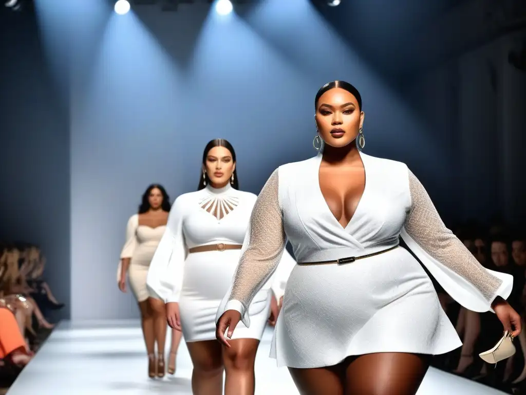 Desfile inclusivo: Plussize models empoderadas y elegantes en la pasarela Una pasarela de moda plus size inclusiva con modelos diversos desfilando con confianza y estilo, rodeados de espectadores aplaudiendo