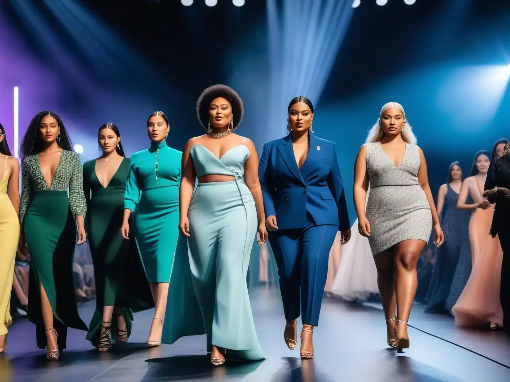 Desfile de moda inclusivo: diversidad y empoderamiento Una pasarela inclusiva con modelos de distintas etnias, cuerpos y habilidades desfilando diseños vanguardistas de diseñadores pioneros