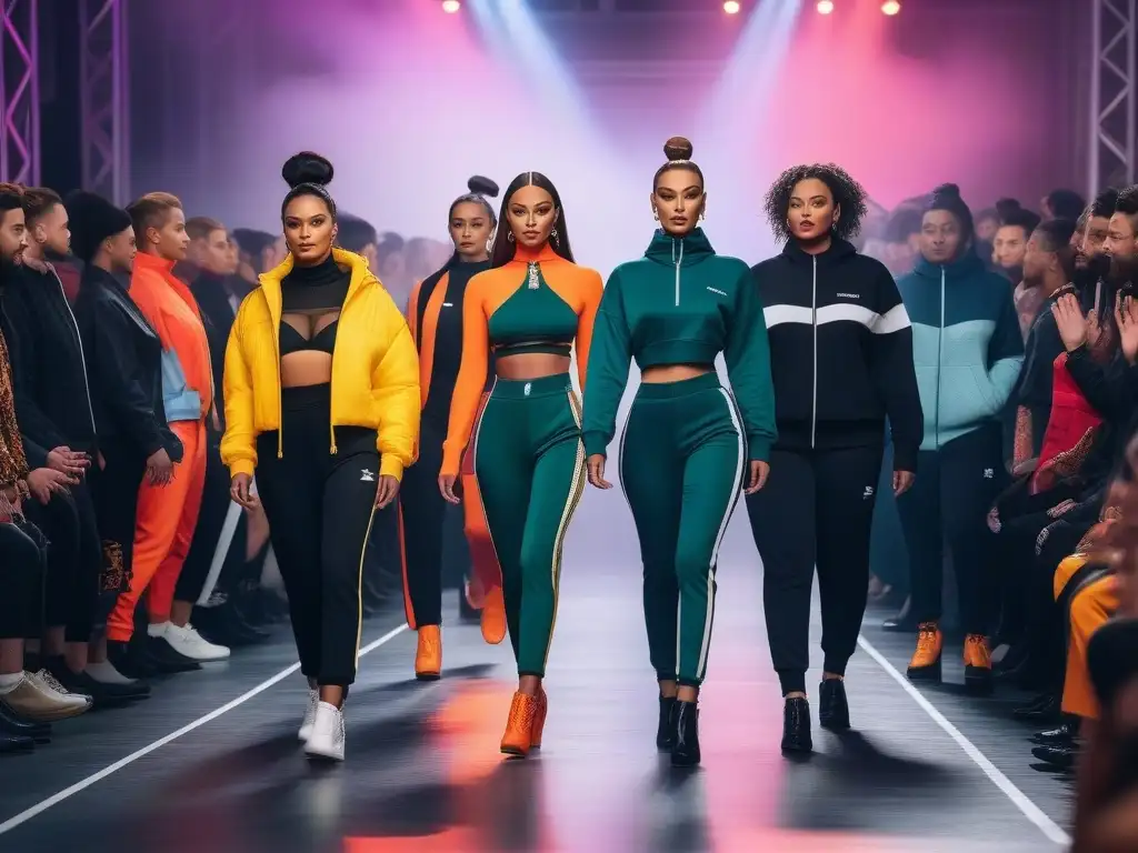 Desfile de moda inclusivo y vibrante: modelos de todas las razas y tallas lucen tracksuits trendy en una pasarela urbana Una pasarela inclusiva con modelos de diversas razas, tallas y géneros luciendo trendy tracksuits que resaltan su cuerpo