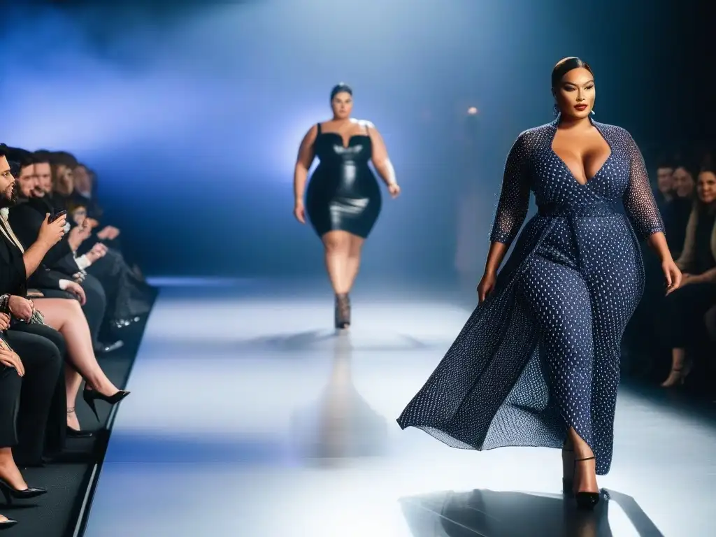 Desfile de moda plussize: diversidad y estilo en la pasarela Una pasarela de moda plus size inclusiva con modelos seguras y estilosas desfilando tendencias