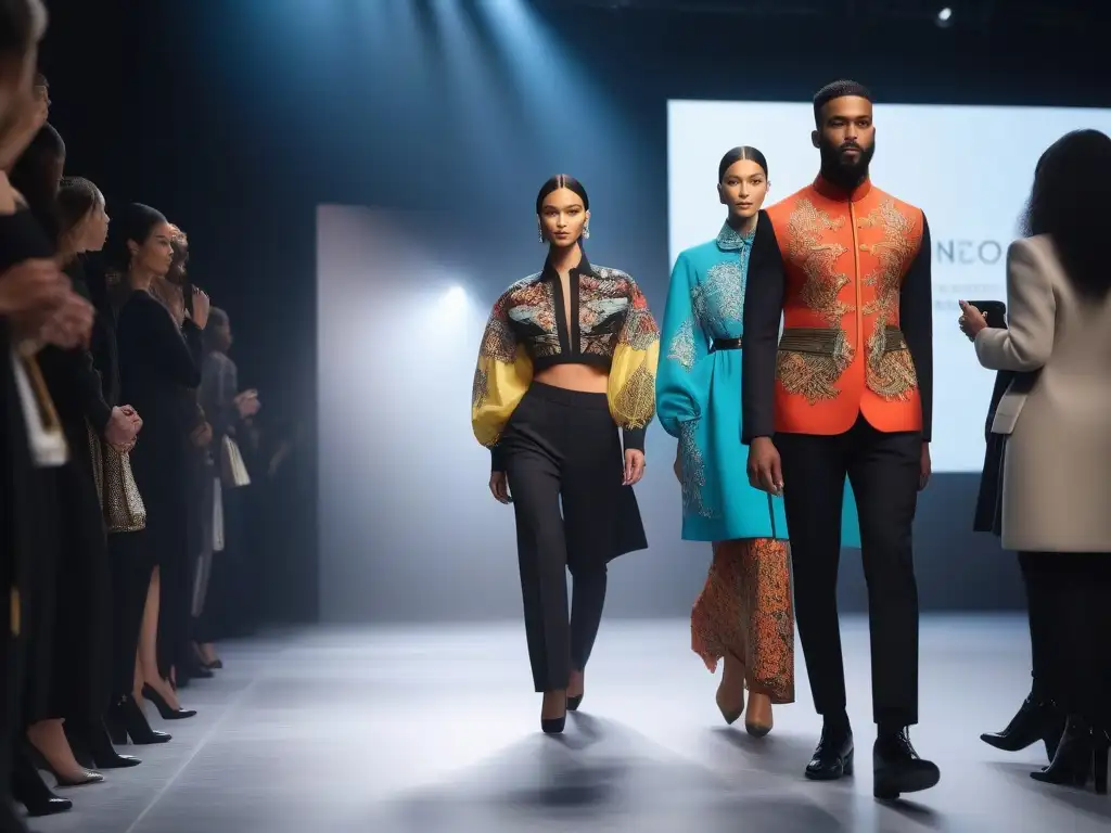Diseñadores de moda diversos en pasarela multicultural Una pasarela llena de diseñadores de moda exitosos de diversas culturas, mostrando diseños únicos