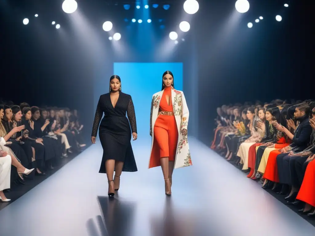 Desfile inclusivo de moda petite: diversidad y estilo en la pasarela Una pasarela llena de diversidad y estilo, mostrando moda inclusiva para todas las tallas