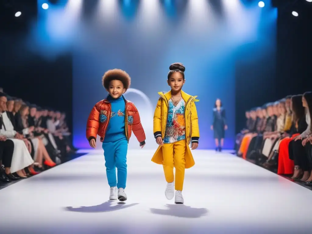 Desfile de moda infantil inclusivo y vibrante Una pasarela llena de diversidad y moda infantil inclusiva, niños caminan con confianza mostrando estilos únicos