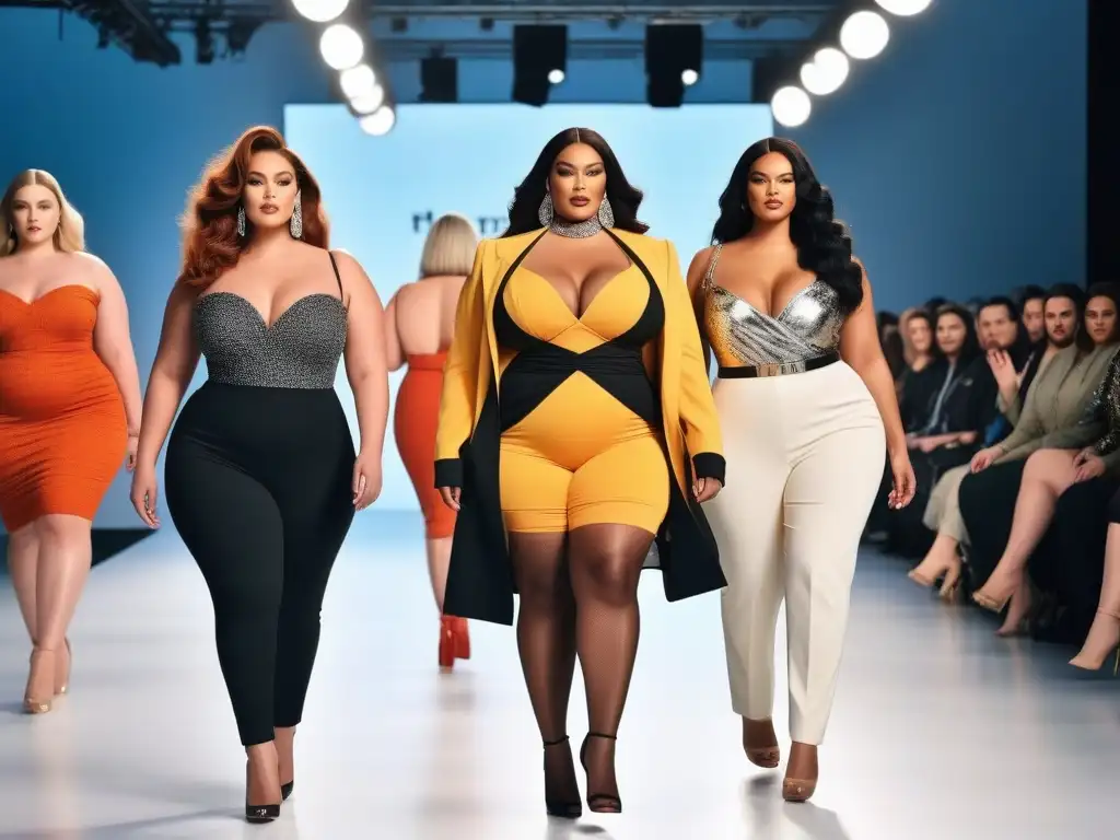 Desfile de moda plus size: diversidad y empoderamiento Una pasarela llena de moda plus size innovadora, modelos seguras y empoderadas luciendo diseños vibrantes y atrevidos