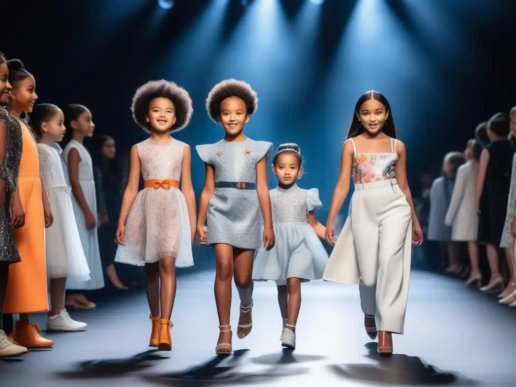 Desfile de moda infantil inclusivo: diversidad en la pasarela Una pasarela llena de niños de diversas etnias, habilidades y tipos de cuerpo, luciendo moda inclusiva y única