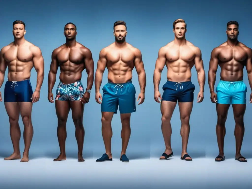 Guía de trajes de baño para todos los cuerpos: delgados a musculosos Una pasarela de maniquíes masculinos con trajes de baño que realzan distintos tipos de cuerpo