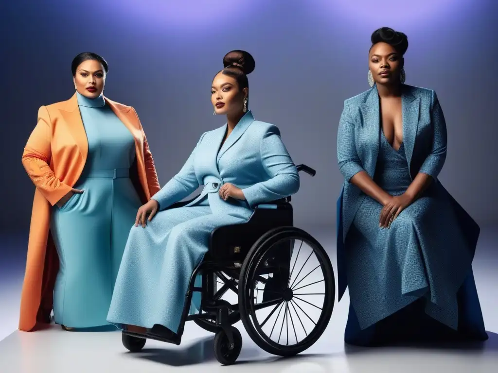 Una pasarela de moda adaptativa inclusiva y diversa con modelos con discapacidades, exhibiendo confianza y estilo en un escenario futurista y elegante