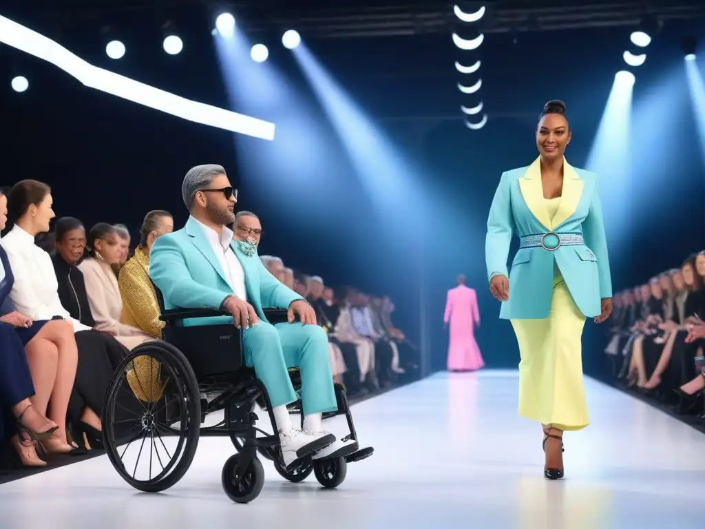 Desfile de moda inclusiva: diseño adaptativo para rehabilitación médica Una pasarela de moda adaptativa para recuperación médica con colores vibrantes y diseños innovadores