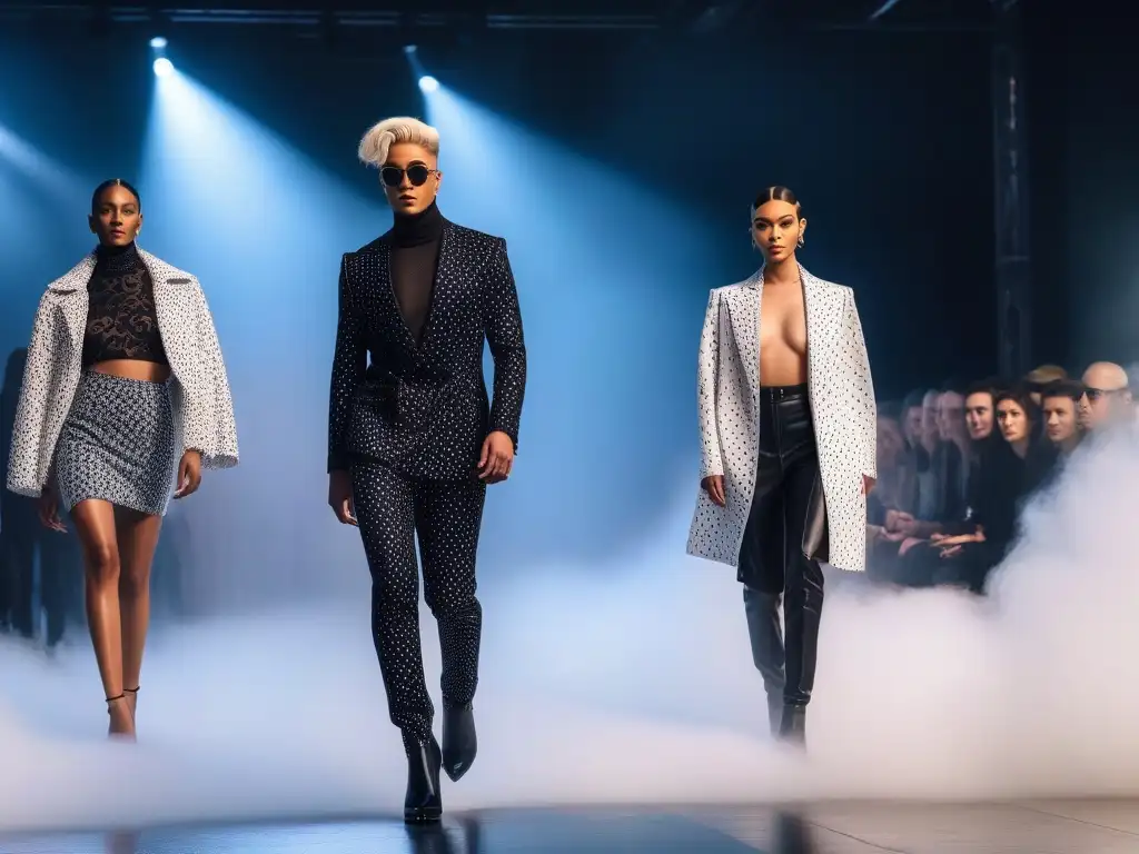 Desfile de moda genderfluid: diversidad y empoderamiento Una pasarela de moda no binaria inclusiva diversa, donde modelos desfilan con diseño avantgarde, desafiando normas con estilo propio