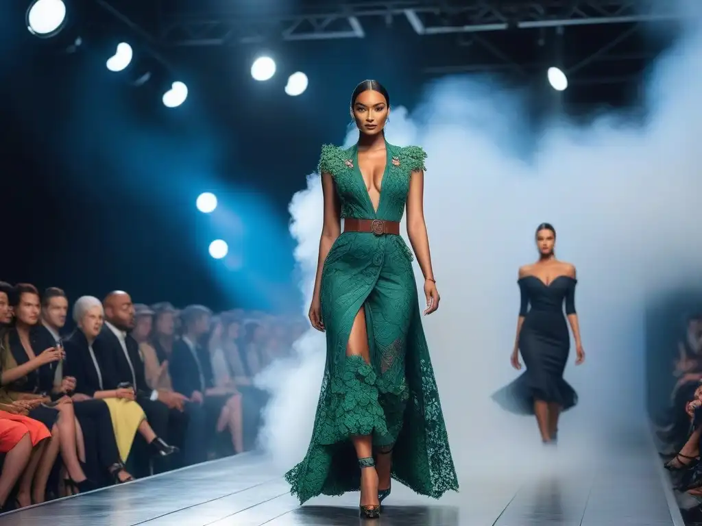 Desfile de moda ecofriendly: diversidad y estilo en pasarela futurista Una pasarela de moda diversa con modelos ecofriendly mostrando certificaciones en un ambiente futurista sostenible