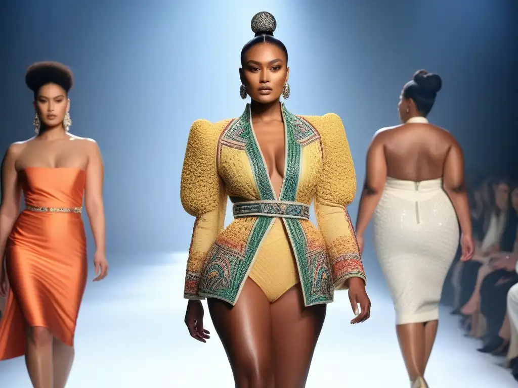 Desfile de moda inclusivo: diversidad y elegancia en la pasarela Una pasarela de moda diversa y radiante, celebrando la inclusividad y la adaptación de estándares de tallas en la moda