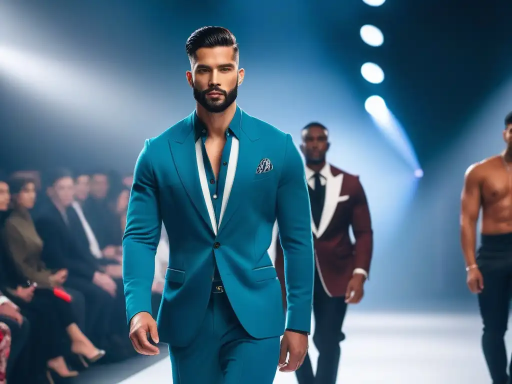 Desfile de moda inclusivo: modelos masculinos diversos y estilosos Una pasarela de moda con diversidad masculina en desfiles de moda, representando inclusividad y estilo