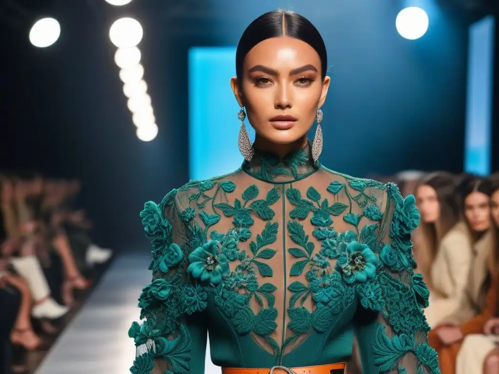 Desfile de moda vegana: Elegancia sostenible en 8k Una pasarela de moda ética certificaciones prendas veganas donde modelos lucen prendas veganas innovadoras, frente a una audiencia diversa y cautivada
