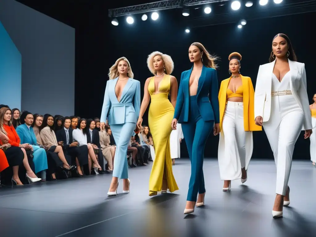 Desfile de moda inclusivo con modelos de diversas tallas y estilos Una pasarela de moda ética para todos cuerpos, con modelos diversos desfilando con confianza en prendas elegantes