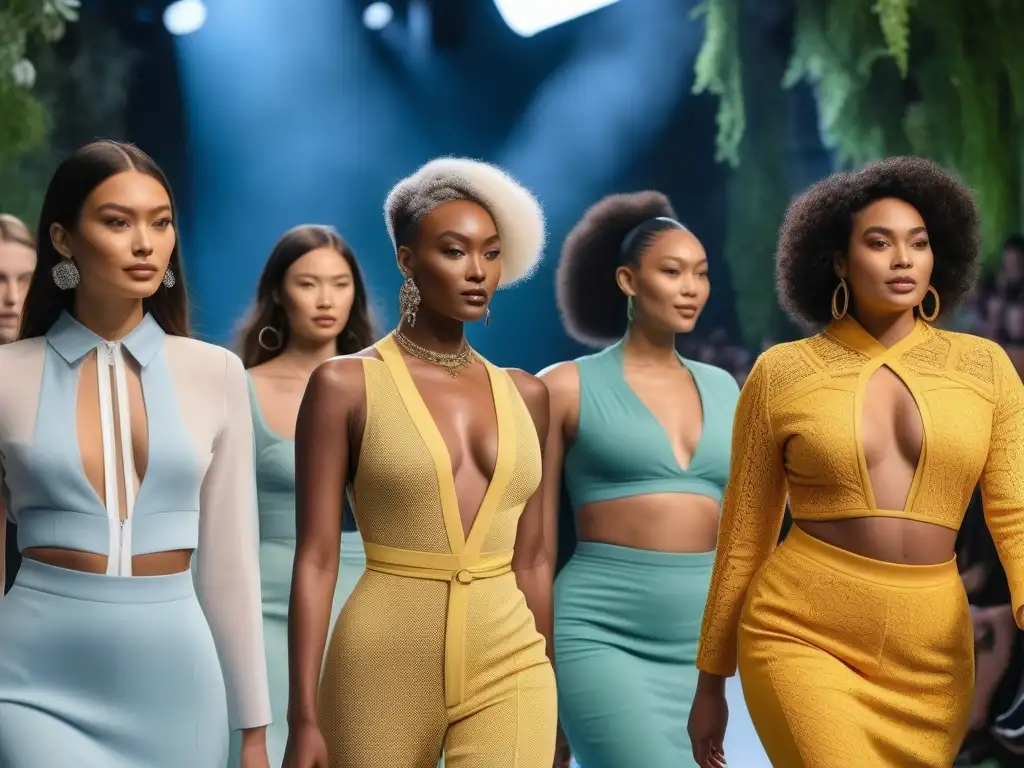 Desfile de moda inclusivo: empoderamiento y sostenibilidad en la pasarela Una pasarela de moda ética con modelos de diferentes tallas y etnias, mostrando empoderamiento y diversidad