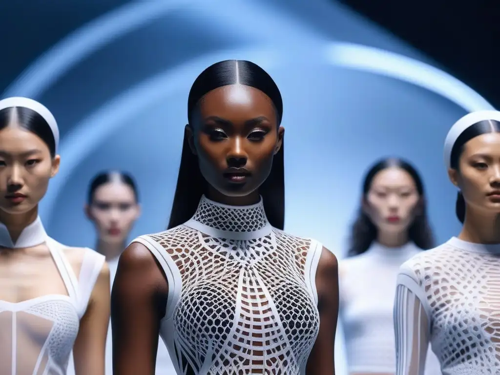 Desfile de moda 3D: fusión futurista de tecnología y estilo Una pasarela de moda futurista con diseños 3D impresos, cautivando a una audiencia diversa