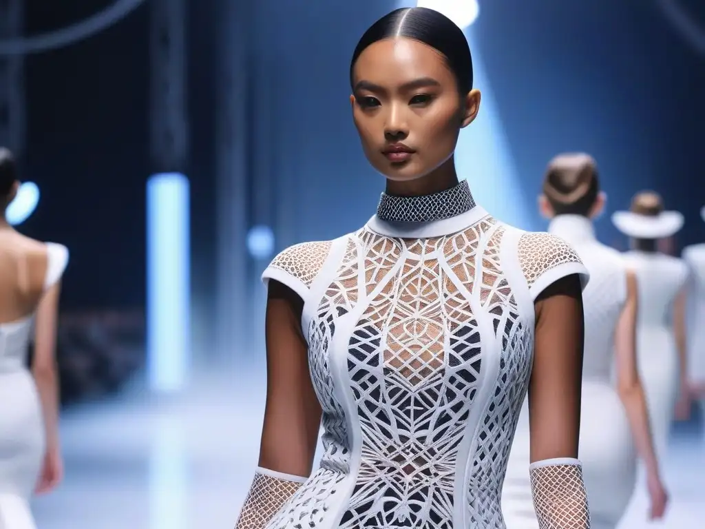 Desfile de moda futurista en 8k: diseño 3D impreso en modelos petite Una pasarela de moda futurista con modelos petite luciendo diseños de moda impresión 3D, iluminada con una luz etérea