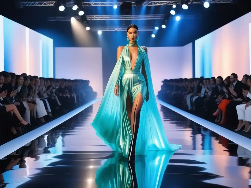 Desfile de moda futurista en seda brillante: lujo y innovación Pasarela de moda futurista de seda brillante con iluminación de alta tecnología