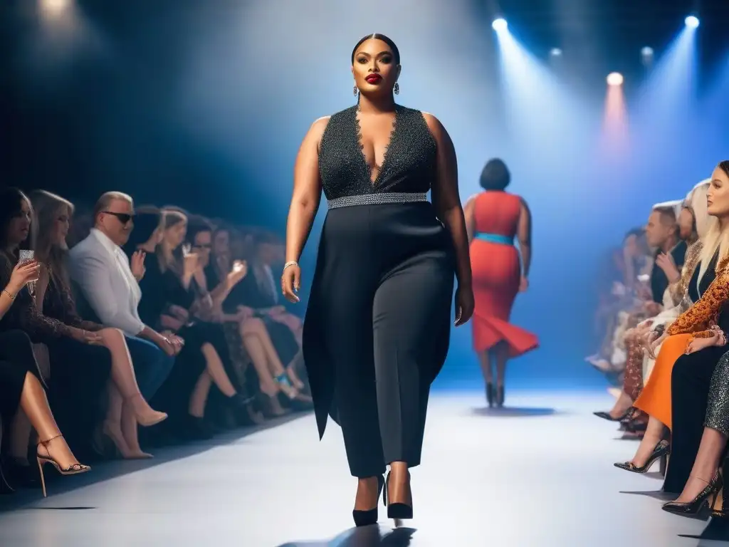 Desfile de moda inclusivo con diversidad de cuerpos Una pasarela de moda inclusiva y autoestima con personas diversas mostrando confianza y empoderamiento en sus estilos únicos