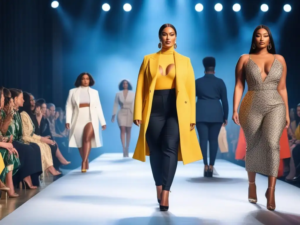 Desfile de moda inclusiva: diversidad y empoderamiento en la pasarela Una pasarela de moda inclusiva para cuerpos diversos, donde modelos confiados celebran la diversidad y redefinen estándares de belleza