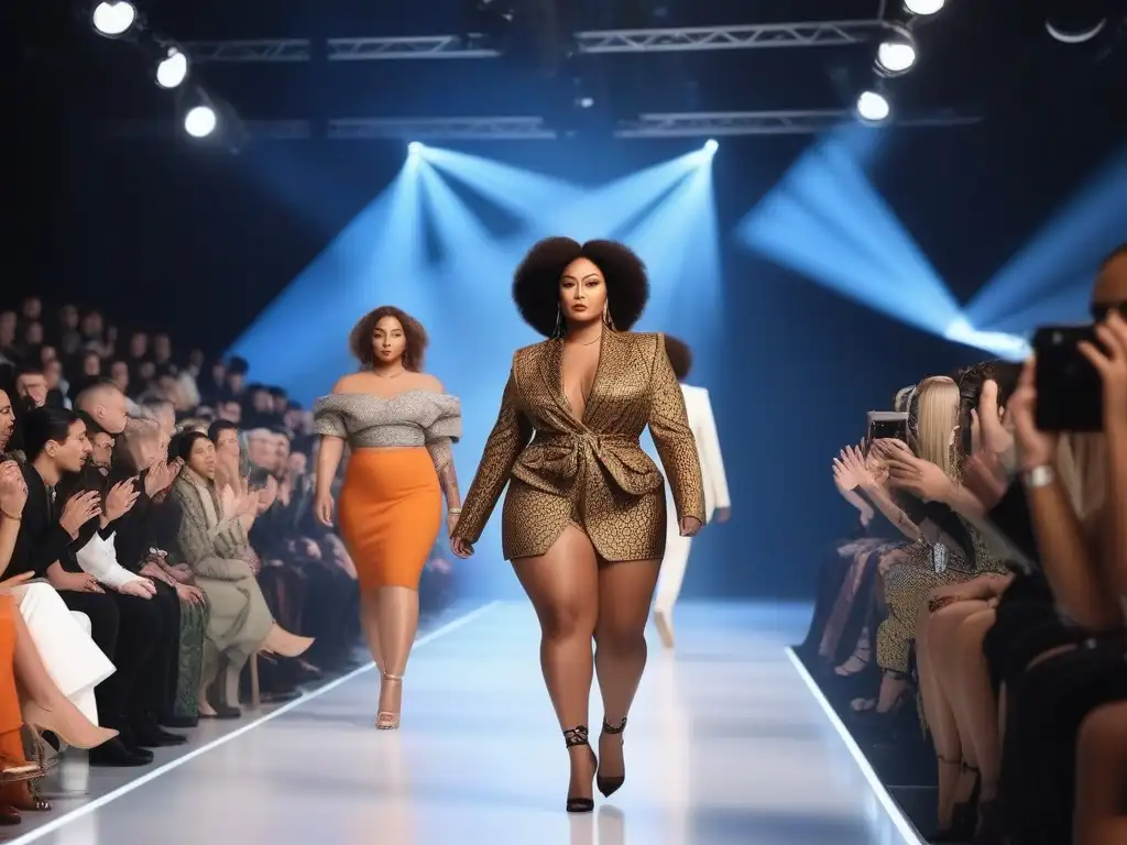 Desfile inclusivo: moda diversa y empoderamiento Una pasarela de moda inclusiva para todos cuerpos, con modelos diversos desfilando con confianza y empoderamiento