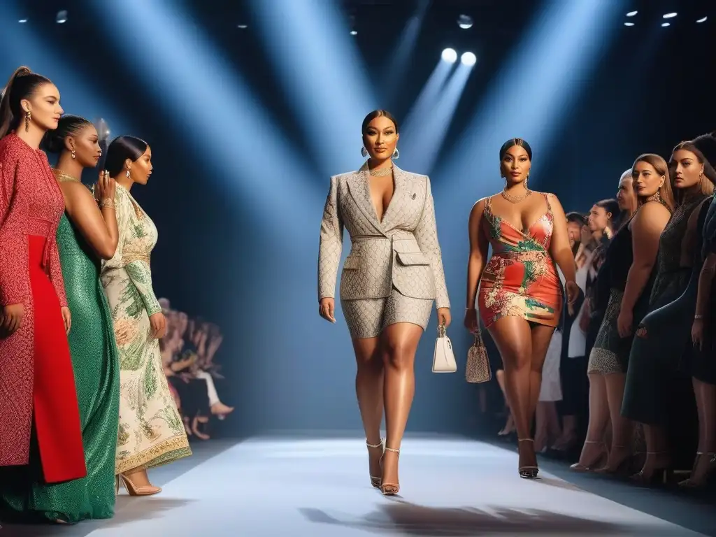 Desfile de moda inclusivo y empoderador con modelos diversos Una pasarela de moda inclusiva para todos cuerpos: modelos diversos desfilan con confianza, exhibiendo diseños estilosos y únicos