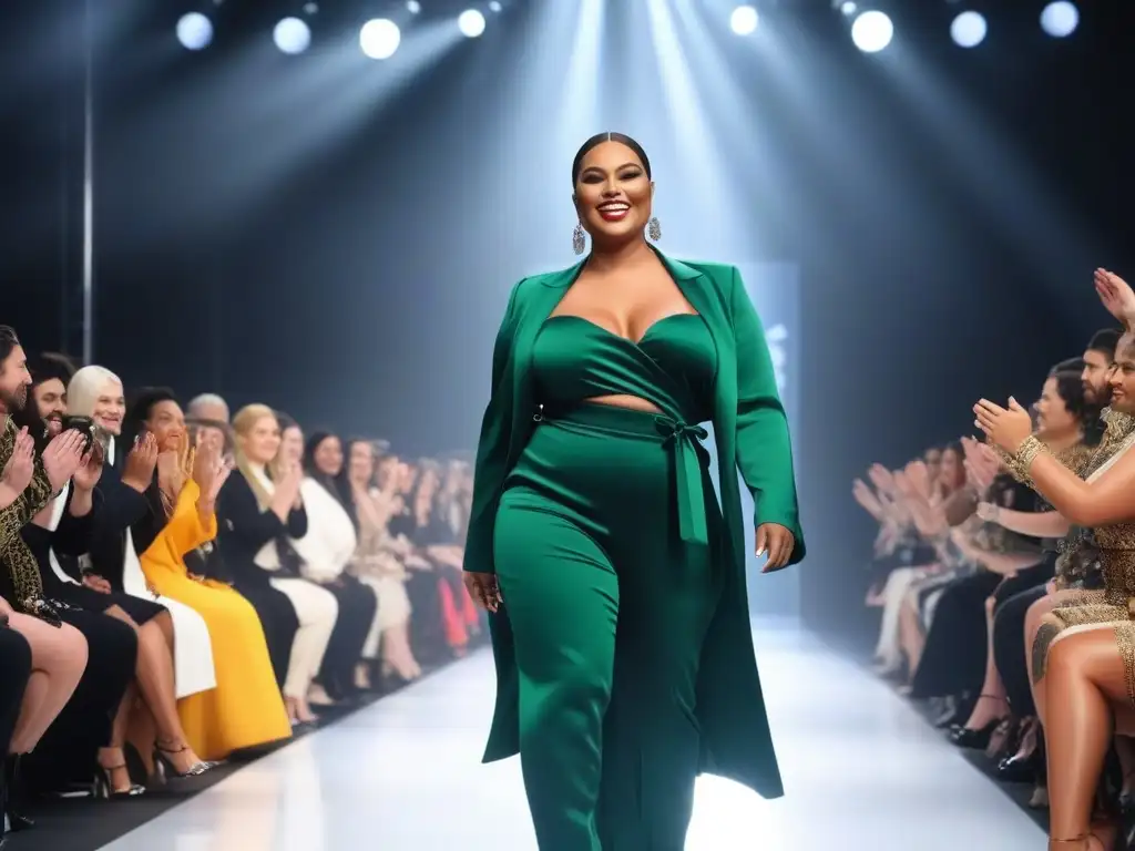 Desfile de moda inclusivo: Celebrando la diversidad con confianza y estilo Una pasarela de moda inclusiva para todos los cuerpos, con modelos diversos desfilando con confianza y alegría mientras el público aplaude emocionado