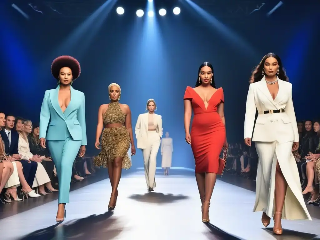 Una pasarela de moda inclusiva para todos los cuerpos, con modelos diversos luciendo diseños elegantes y únicos en un ambiente moderno y futurista