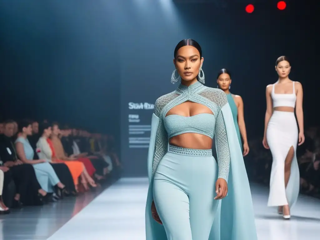 Desfile inclusivo: moda diversa y mensajes empoderadores Una pasarela de moda inclusiva para todos cuerpos, con modelos diversos luciendo diseños elegantes y mensajes de empoderamiento en pantalla