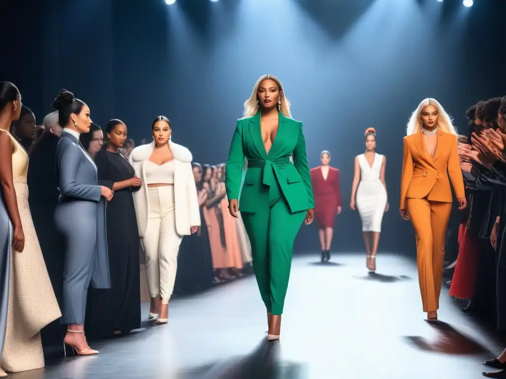 Una pasarela de moda inclusiva para todos los cuerpos, con modelos diversos luciendo elegantes diseños modernos