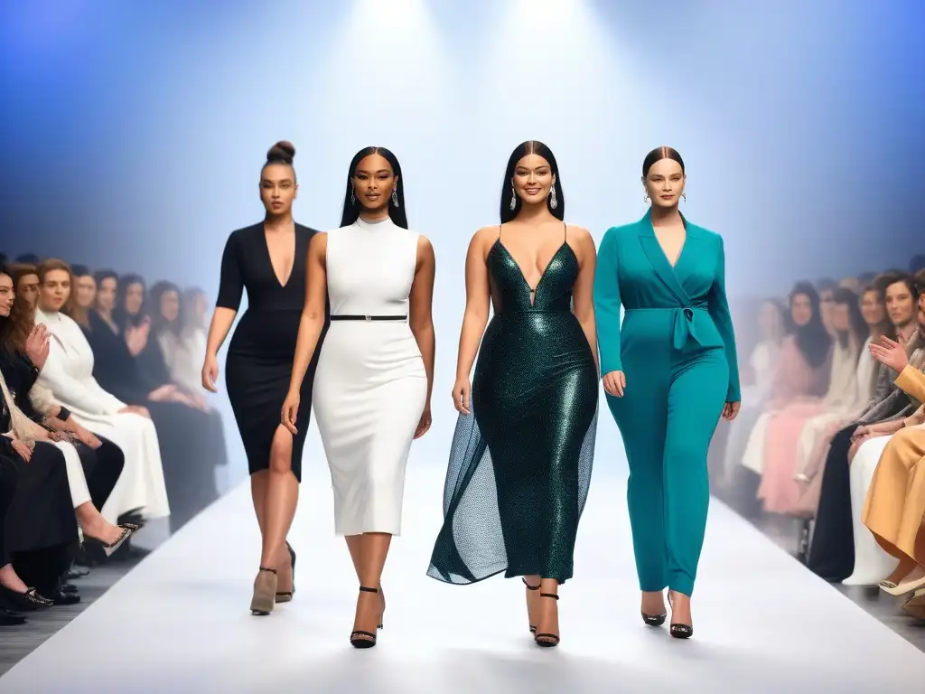 Desfile de moda inclusivo: diversidad y elegancia en la pasarela Una pasarela de moda inclusiva para todos los cuerpos con modelos sonrientes y seguros de sí mismos desfilando en diversos atuendos