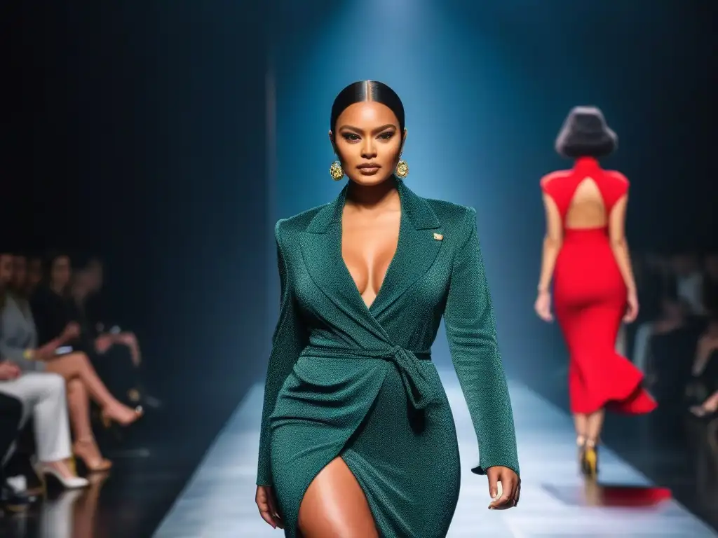 Desfile moda: diversidad étnica y corporal Una pasarela de moda inclusiva para todos cuerpos, con modelos diversos luciendo prendas lujosas y modernas