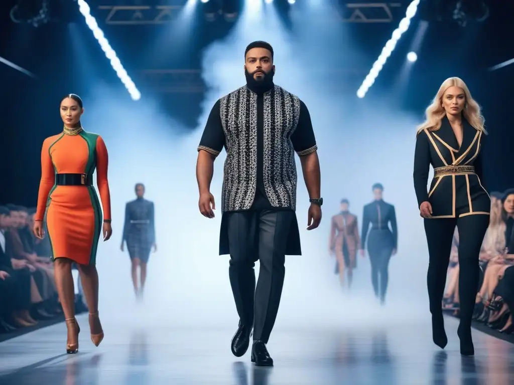 Desfile de moda inclusiva con tecnología wearable futurista Una pasarela de moda inclusiva para todos cuerpos, modelos lucen tecnología futurista en outfits vanguardistas