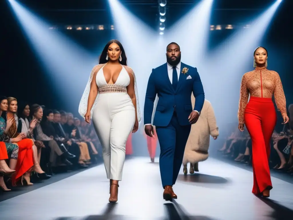 Desfile de moda inclusiva: diversidad y empoderamiento Una pasarela de moda inclusiva para todos cuerpos, con diversidad de personas desfilando con confianza en atuendos elegantes y actuales