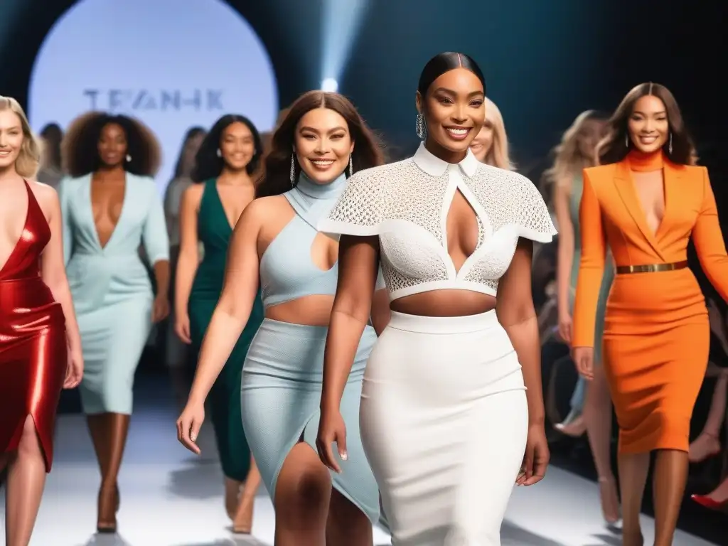 Desfile inclusivo: diversidad y empoderamiento en la moda Una pasarela de moda inclusiva para todos cuerpos, con modelos diversos sonriendo y radiando confianza, mientras la audiencia aplaude con entusiasmo