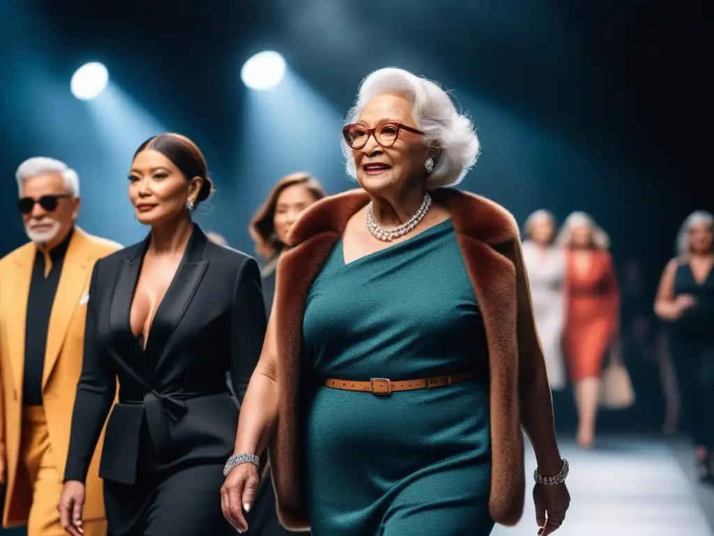 Desfile de moda inclusivo y empoderado para adultos mayores Una pasarela de moda inclusiva para diferentes cuerpos: adultos mayores diversos desfilan con confianza ante una multitud diversa y animada