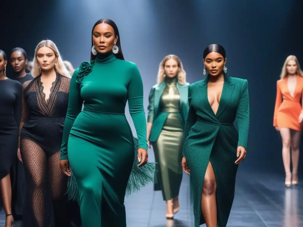 Desfile de moda inclusivo: diversidad y estilo en la pasarela Una pasarela de moda inclusiva para todos cuerpos, con modelos diversos exhibiendo diseños únicos y espectadores aplaudiendo