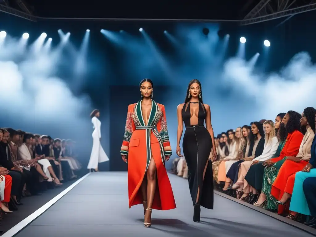 Desfile de moda inclusivo: modelos altos inspiradores Una pasarela de moda tall inclusiva y diversa, con modelos altos exhibiendo diseños modernos y variados