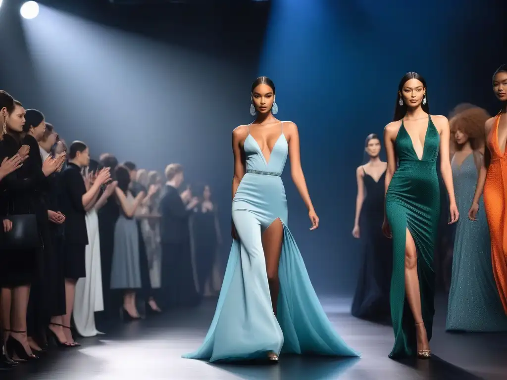 Desfile de moda alta: diversidad y empoderamiento en la pasarela Una pasarela de moda inclusiva y diversa, con modelos altos de distintas etnias y estilos desfilando con confianza