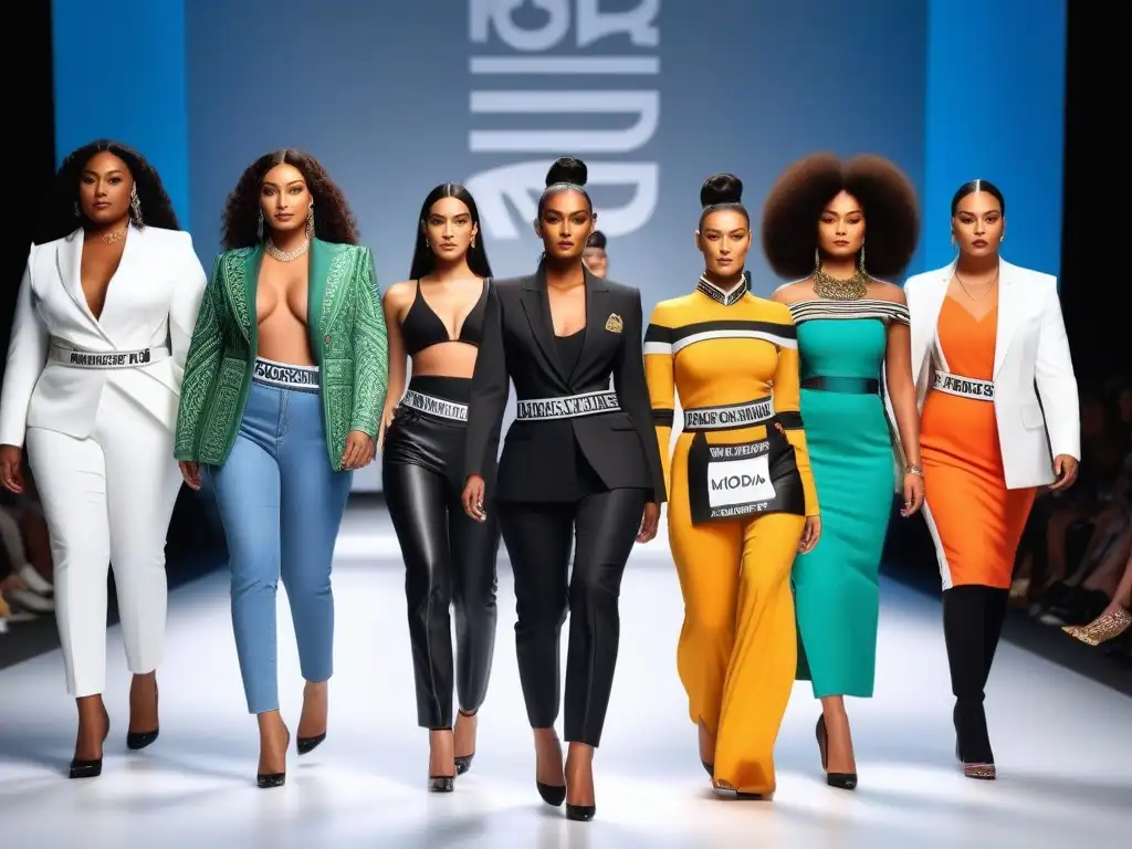 Desfile de Moda Inclusiva: Celebrando la Diversidad en la Pasarela Una pasarela de moda inclusiva y diversidad corporal con modelos de diferentes tallas, etnias y habilidades desfilando con confianza juntos