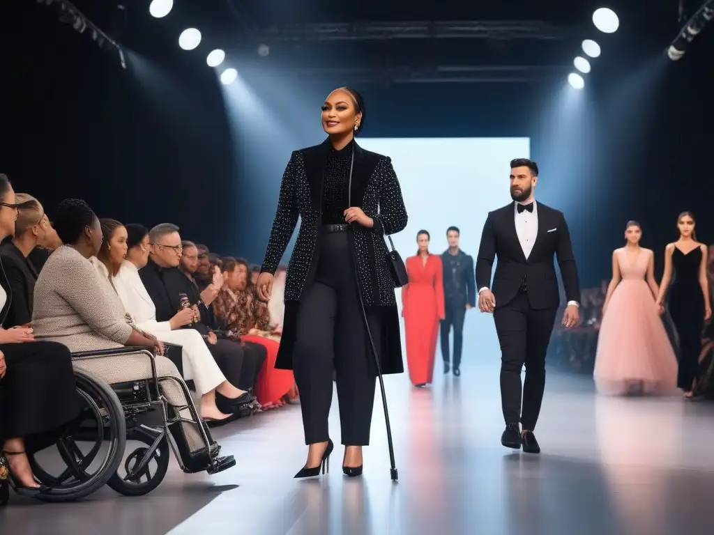 Moda inclusiva: Desfile de diversidad y empoderamiento Una pasarela de moda inclusiva y empoderadora, con personas diversas usando moda adaptativa para todos, rompiendo barreras