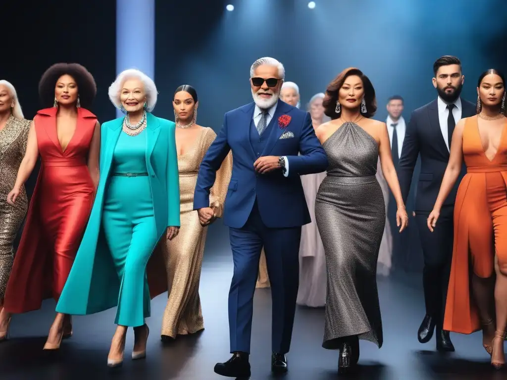 Desfile moda senior: elegancia y diversidad Una pasarela de moda inclusiva con modelos de edad mostrando elegancia y diversidad, promoviendo 'Inclusividad en moda para todas'