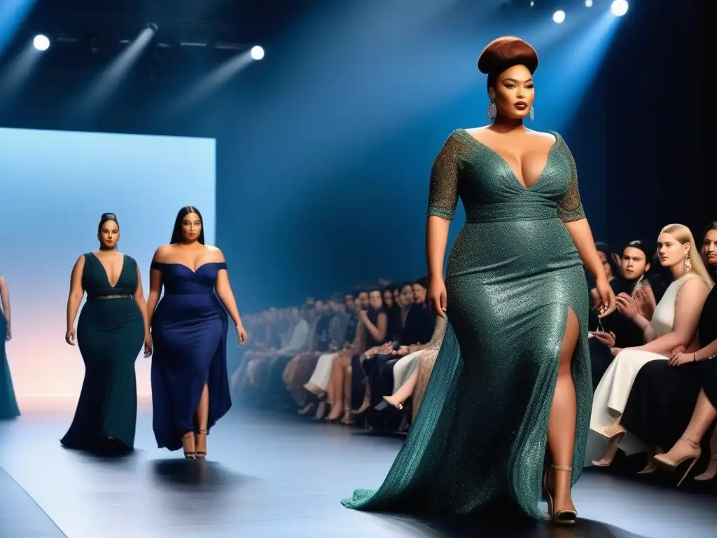 Desfile de moda inclusivo: modelos de talla grande empoderados y elegantes deslumbran en la pasarela con diseños variados Una pasarela de moda inclusiva con modelos de tallas grandes desfilando con seguridad y elegancia, representando la diversidad étnica y de cuerpos