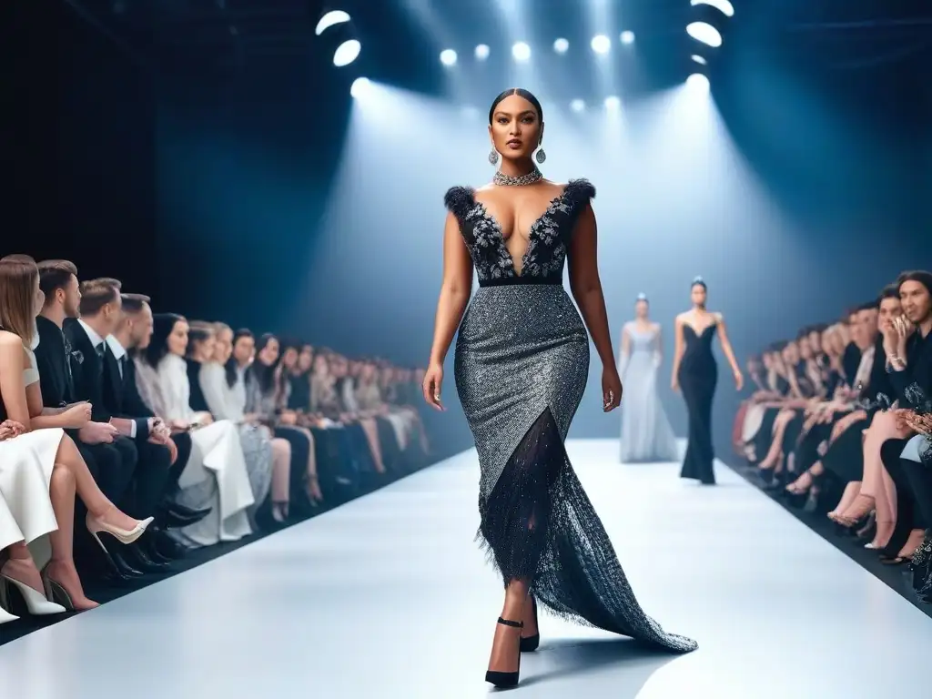 Desfile de moda inclusivo con modelos diversos en pasarela de lujo Una pasarela de moda inclusiva con modelos de diversas etnias y tipos de cuerpo desfilando con confianza